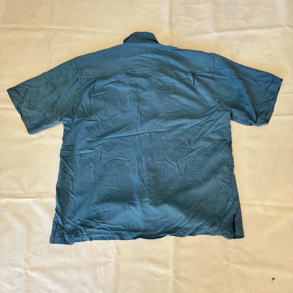 Seven Palm Button Shirt Men's Cobalt Blue 100% Silk Large Wood Button Casual - Picture 8 of 10